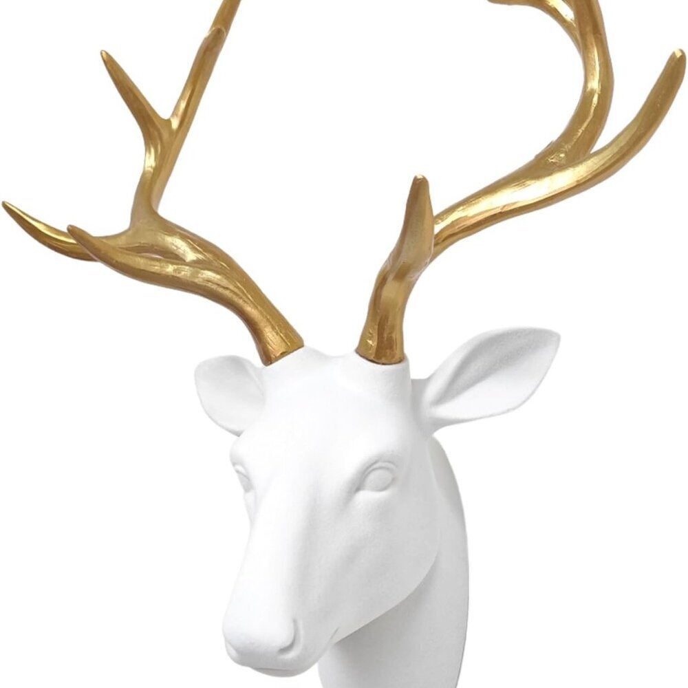 Faux Deer Head Wall Decor, White Fake Furry/Felt/Velvety Resin Deer Head with Go